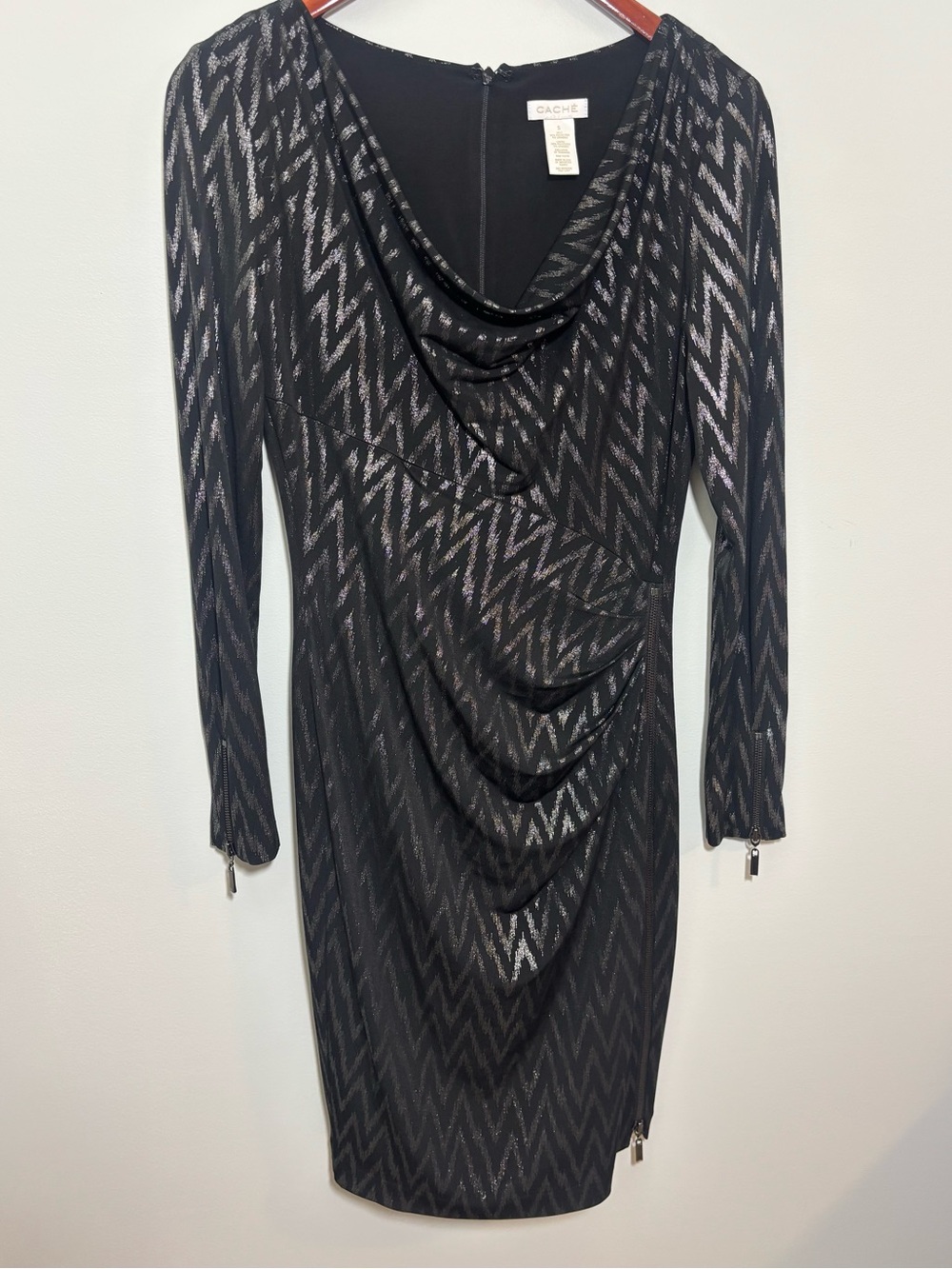 Cache Metallic Chevron Cowl Neck Ruched Dress Mini Y2K Glam S Made in USA